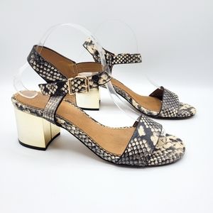 Snake Print Metallic Gold Block Heel Sandals Size 8.5